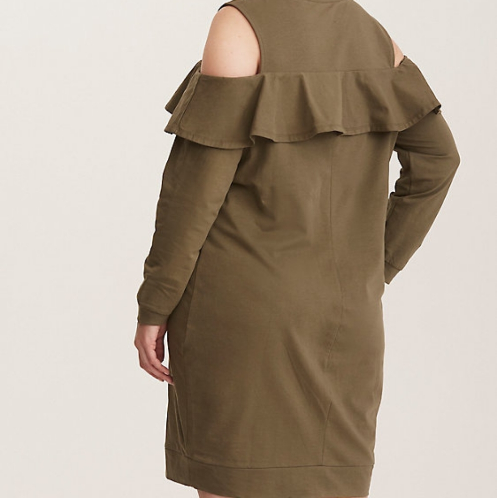 Torrid OLIVE GREEN RUFFLED KNIT SWEATSHIRT DRESS - Picture 3 of 5
